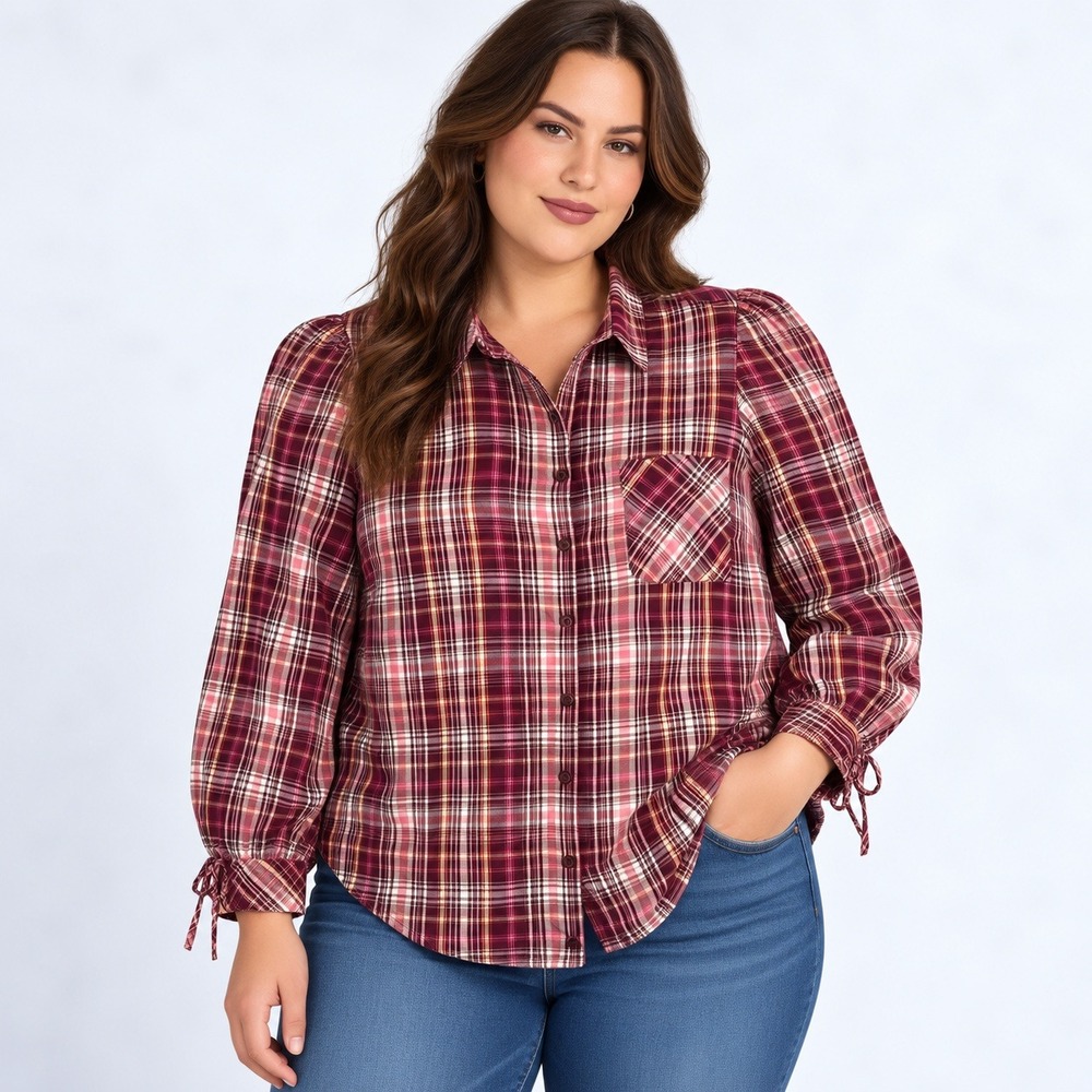 Torrid Button Down Shirt Womens 3 Burgundy Pink Plaid Puffed Shoulder Tie Cuff